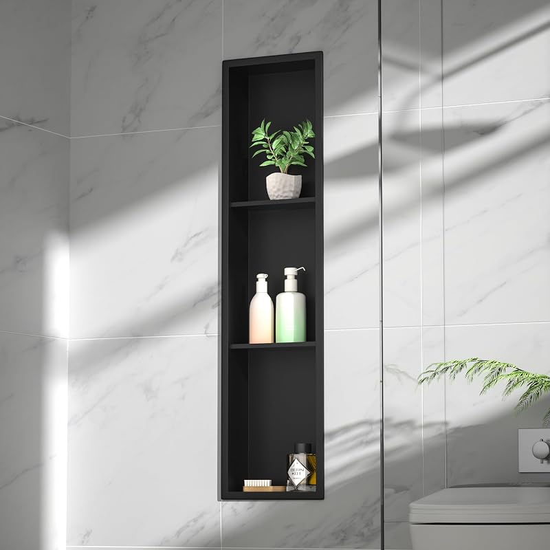 Nicho ducha acero inox 8x36" negro mate 3 estantes