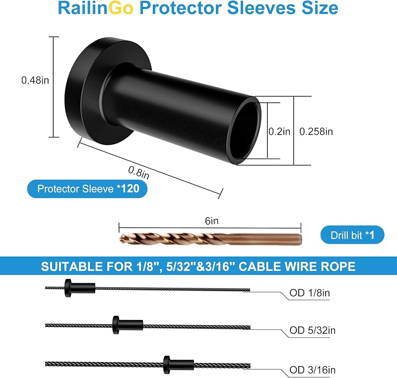 120 Fundas barandilla cable negro 1/8 5/32 3/16 acero inox