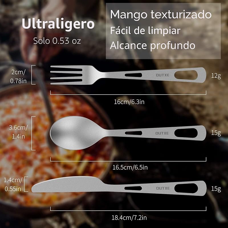 Set cubiertos titanio ligero con bolsa viaje campamento