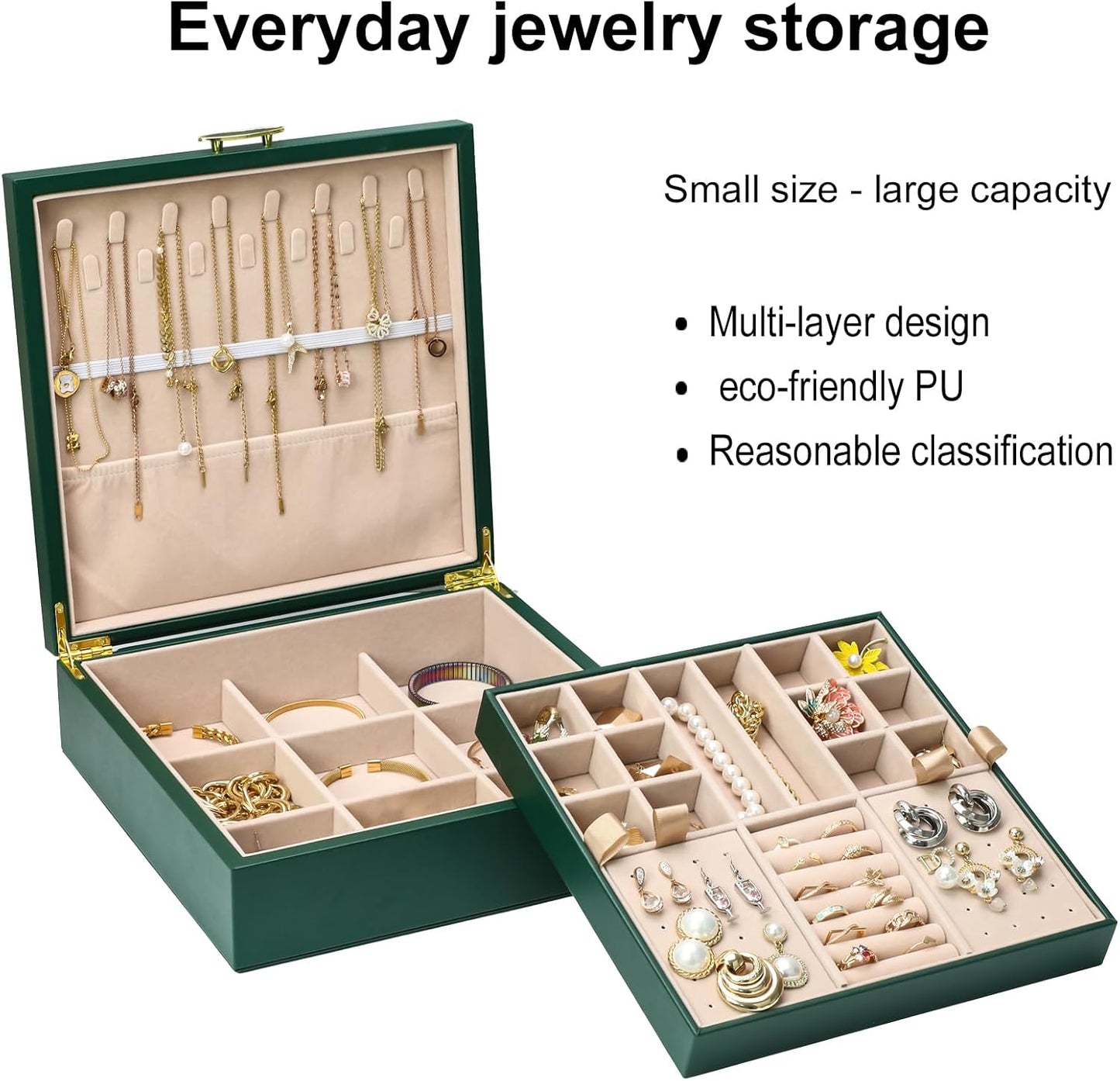 Caja joyas 2 capas con asa ganchos colgantes