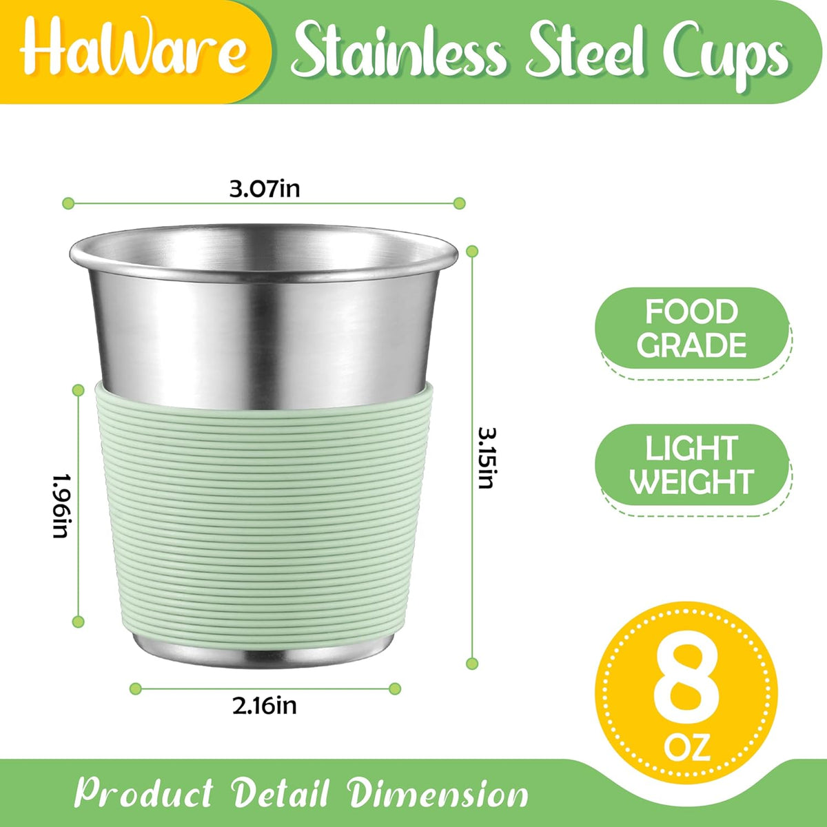 Vasos de acero inoxidable para niños con mangas de silicona, 8 oz, apilables y reutilizables