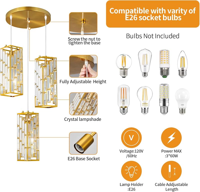 Lámpara colgante dorada 3 luces cristal cocina comedor
