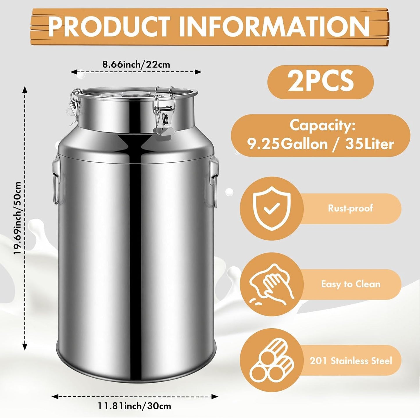 2 Latas Acero Inox 9.25gal Dispensador Metal Tapa Sellada