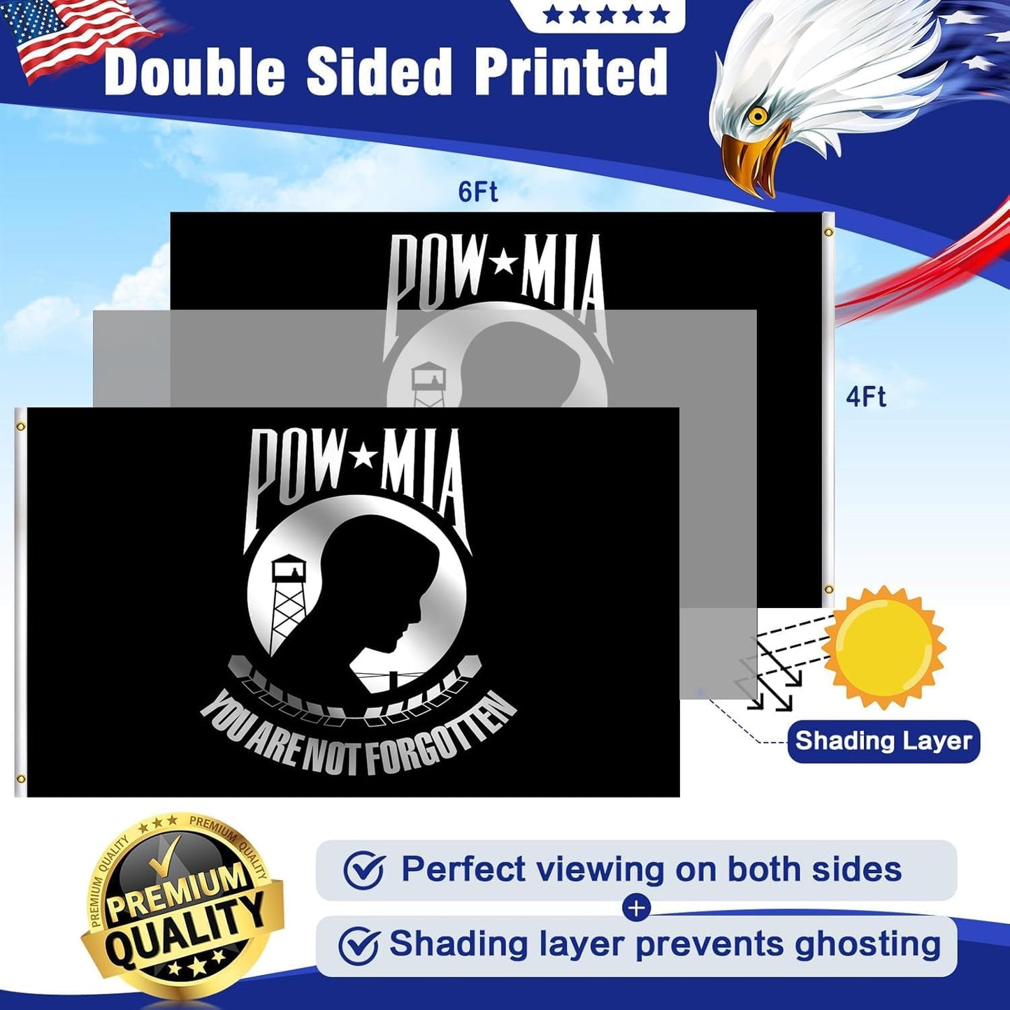Bandera Pow Mia 4x6ft doble cara lona ojales latón
