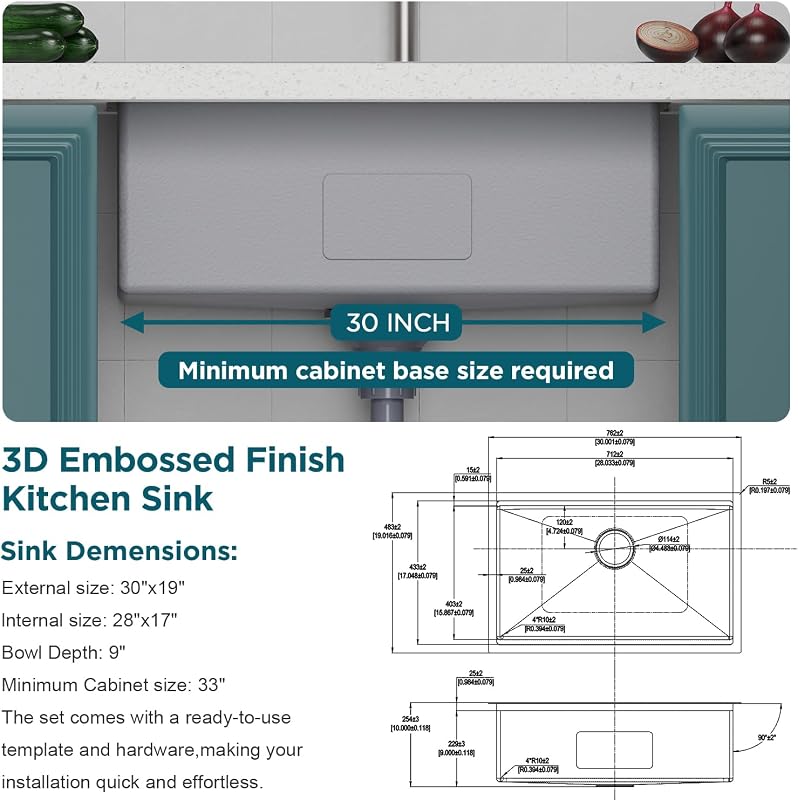 Fregadero cocina acero inox 30x19" resistente arañazos