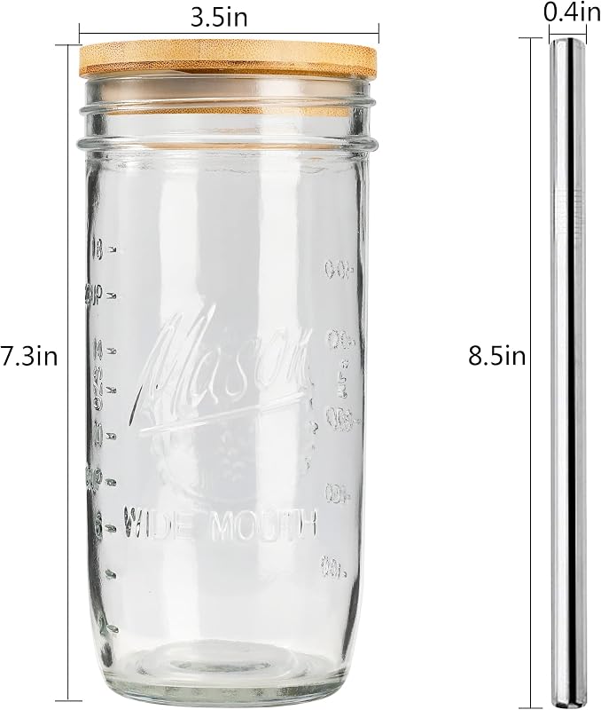4 Tazas Vidrio 24oz Boca Ancha Tapas Bambú Pajitas