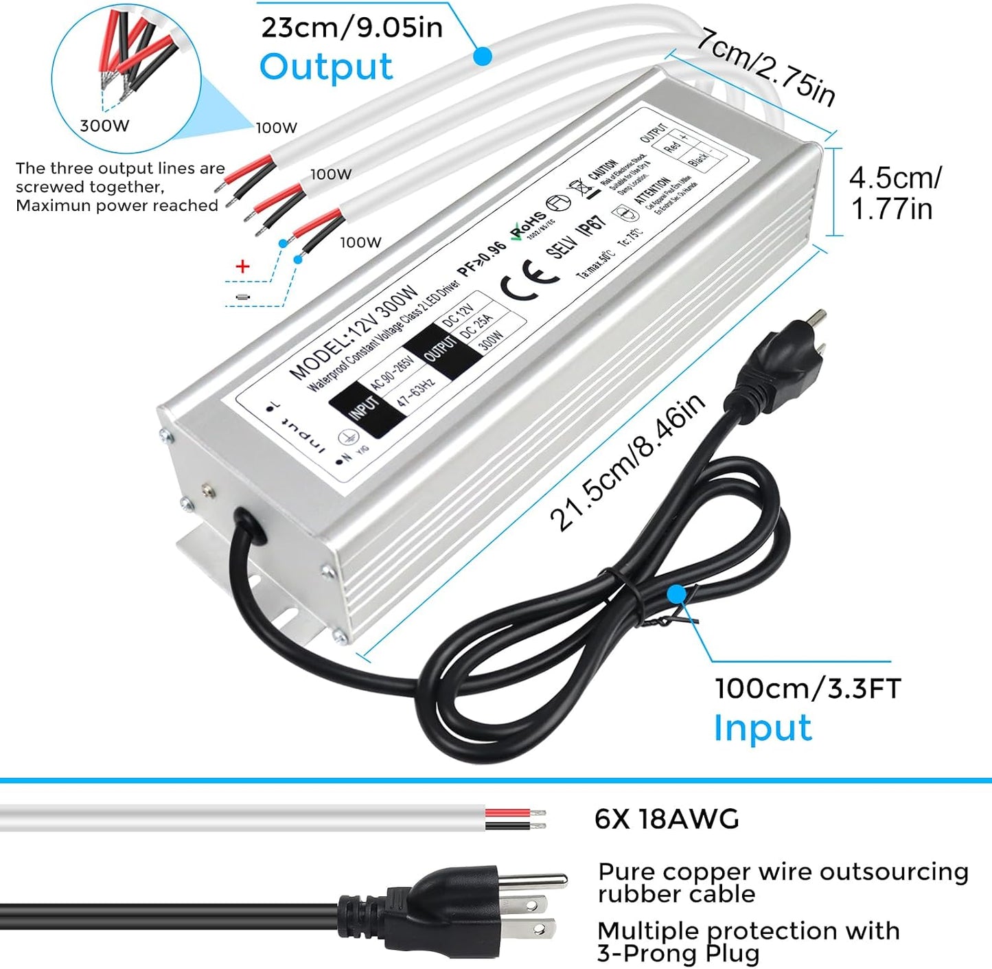 Controlador LED 300W IP67 90-265V a 12V CC