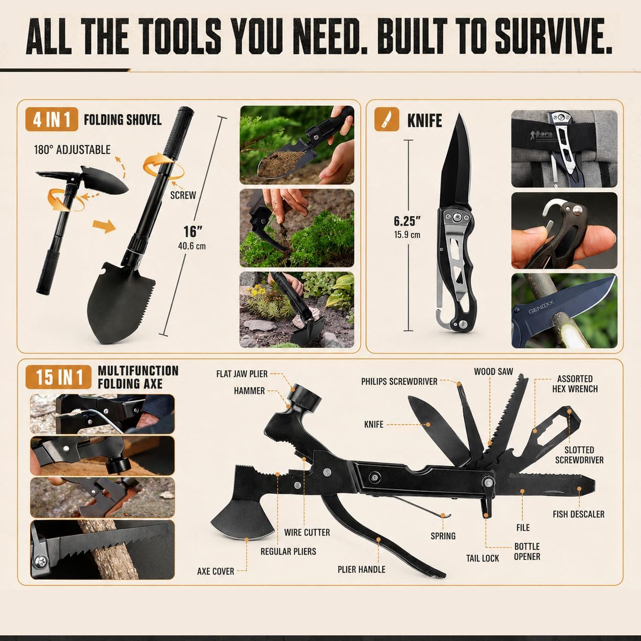 Kit supervivencia 250 pzas con bolsa Molle y tienda