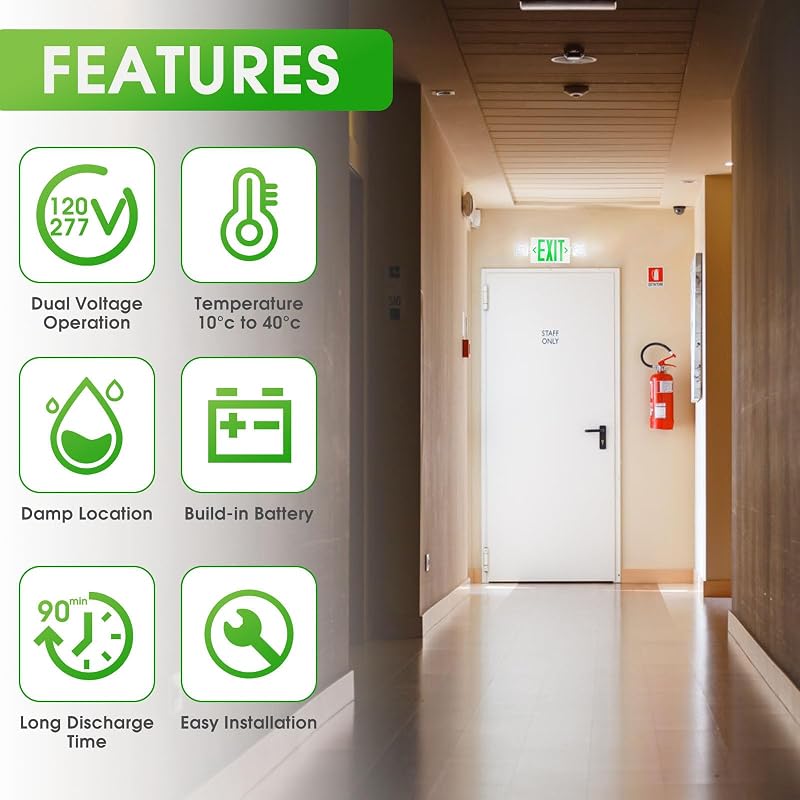 Luz emergencia LED verde con batería 120/277V certificada UL