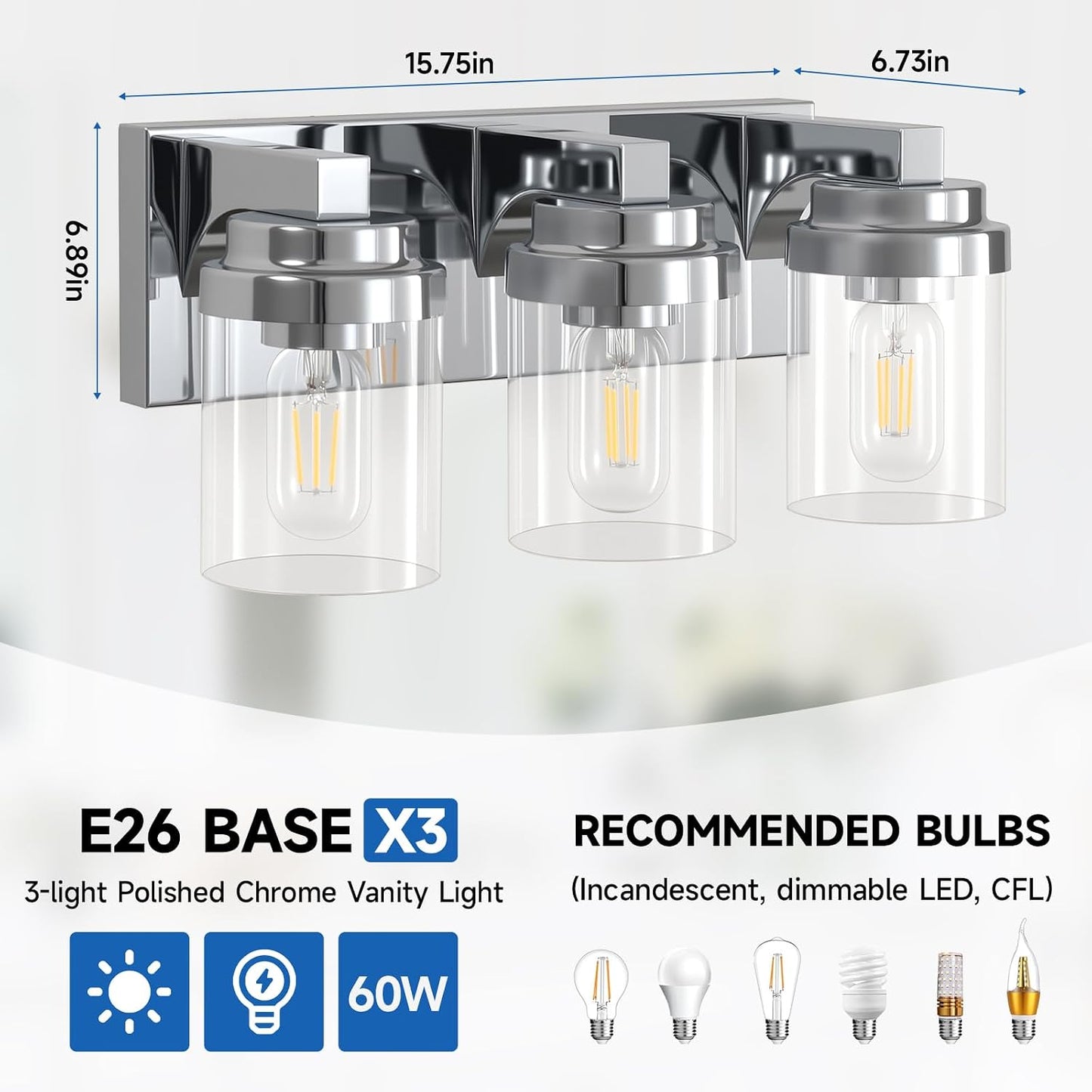 Lámpara tocador baño 3 luces vidrio transparente cromo E26