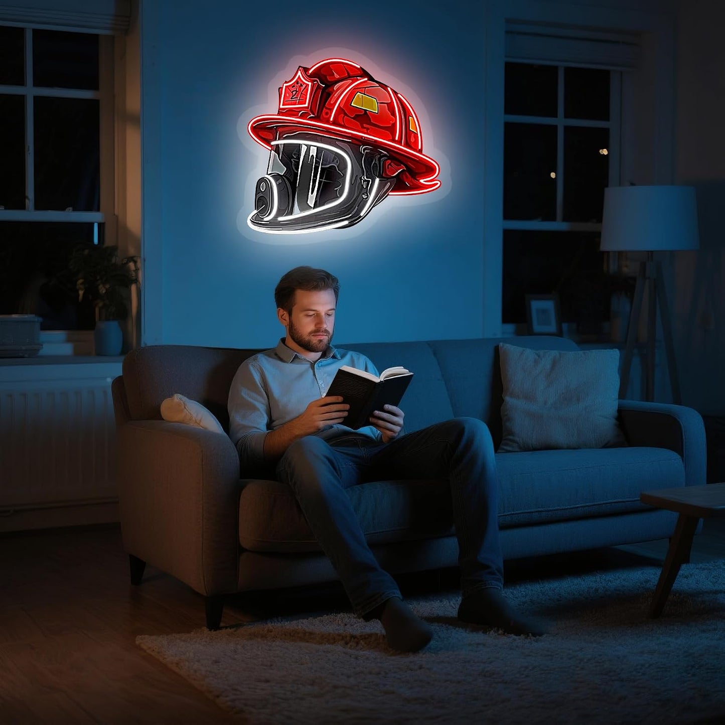 Letrero neón USB para casco bombero decoración estación