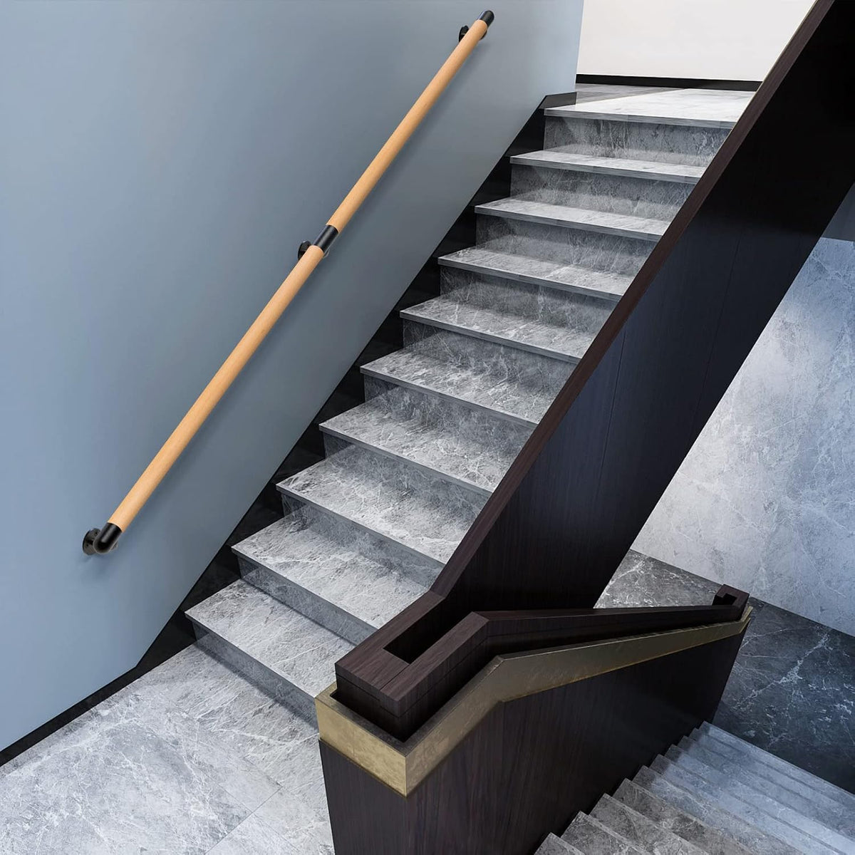 Pasamanos madera 60pulg escalera barra metal antiderrap
