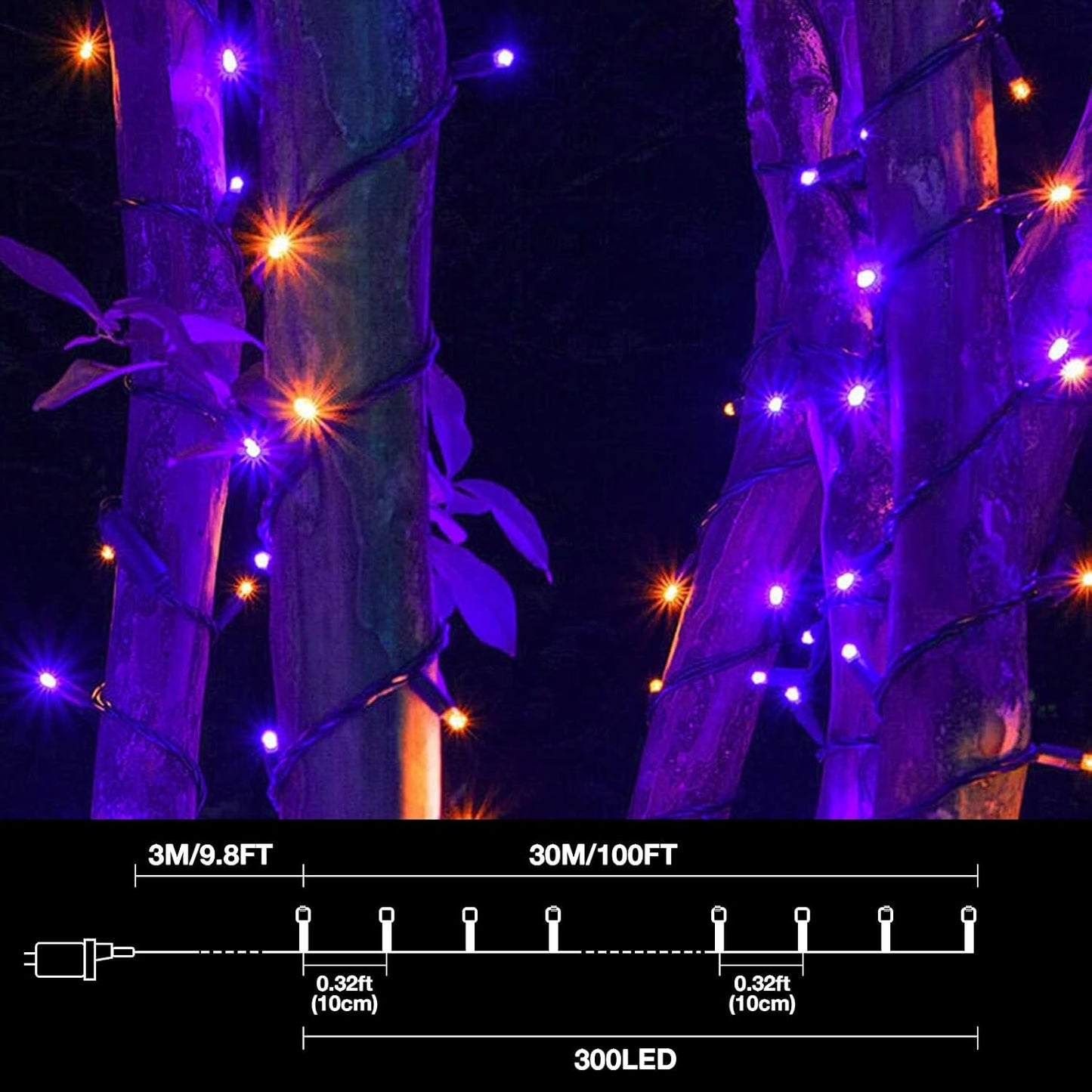 Luces navidad cuerda parpadeantes 300led 100ft púrpura naranja