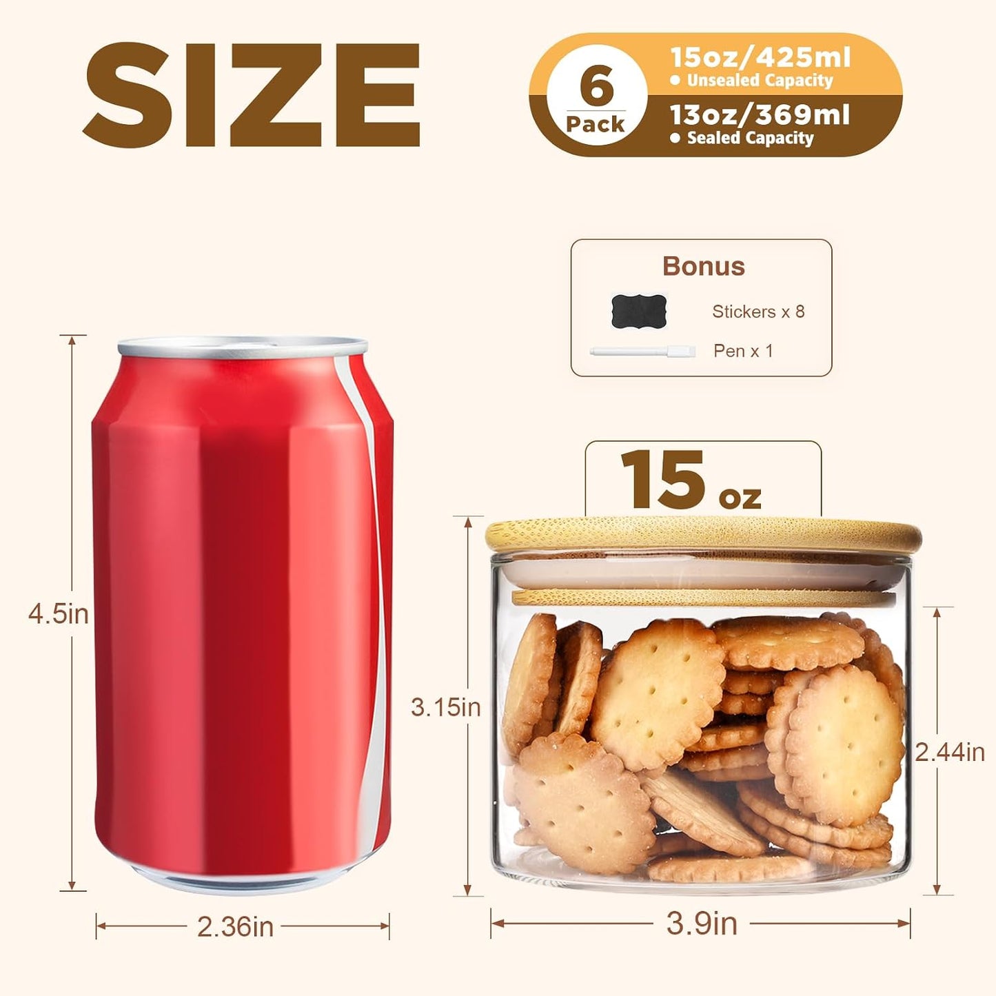 6 Pzas Tarros Vidrio Almacenamiento 15oz Tapas Bambú