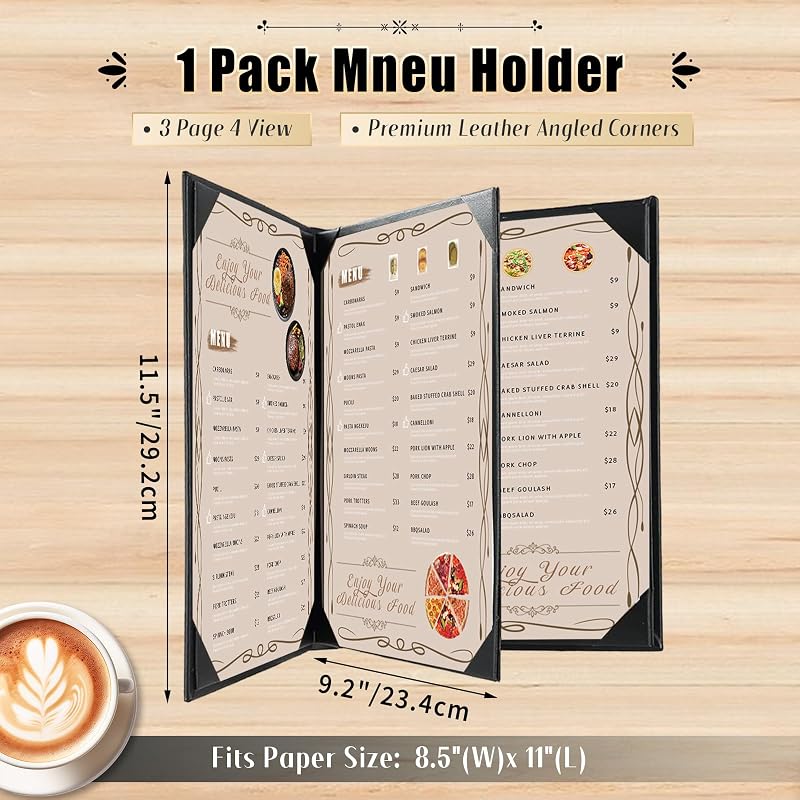4 Fundas Menú Cuero Negro 8.5x11pulg Esquinas Ángulo