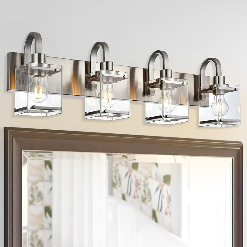 Lámpara baño níquel cepillado 4 luces vidrio