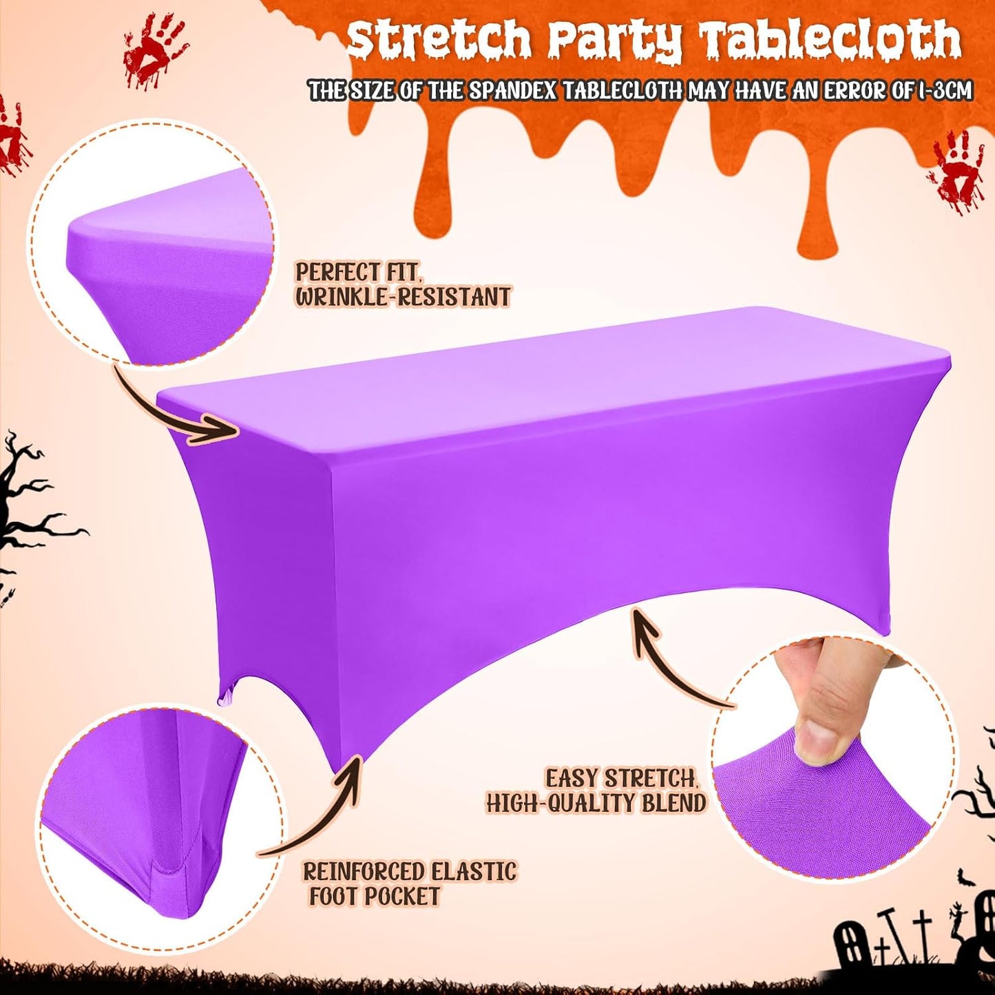 3 Manteles Elastano Halloween 6ft Negro Naranja Morado