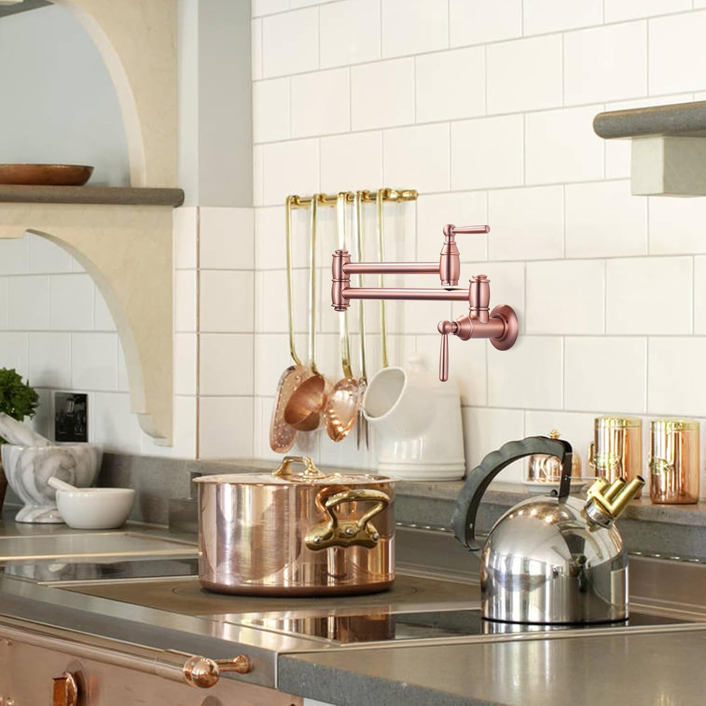 Grifo cobre montaje pared con manijas brazos oscilantes