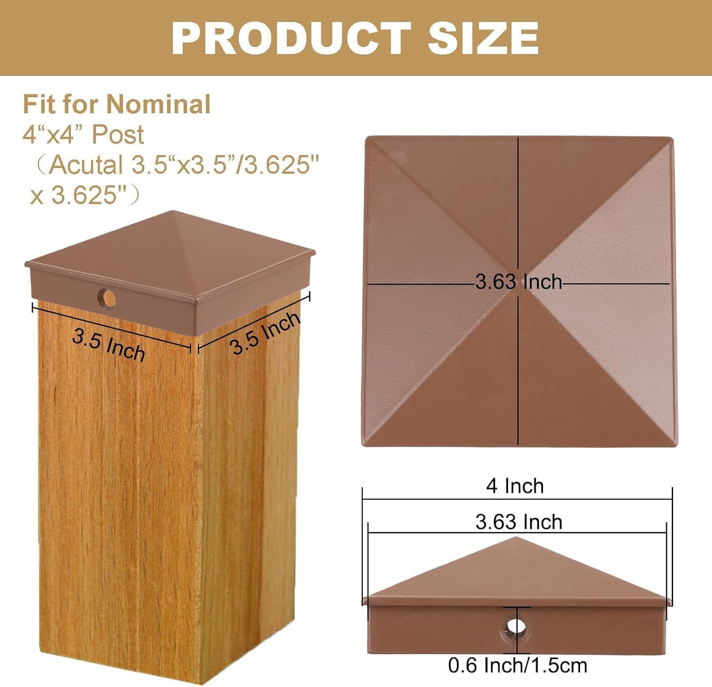 4 Tapas Piramidales Aluminio 4x4 para Postes Madera 3.5x3.5