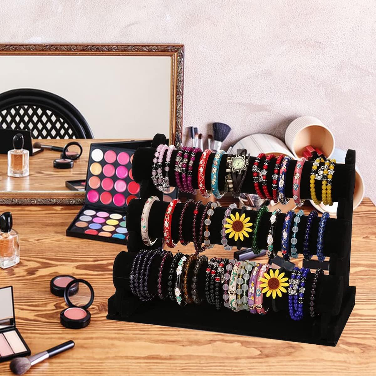 Soporte pulseras 3 niveles terciopelo negro organizador joyas