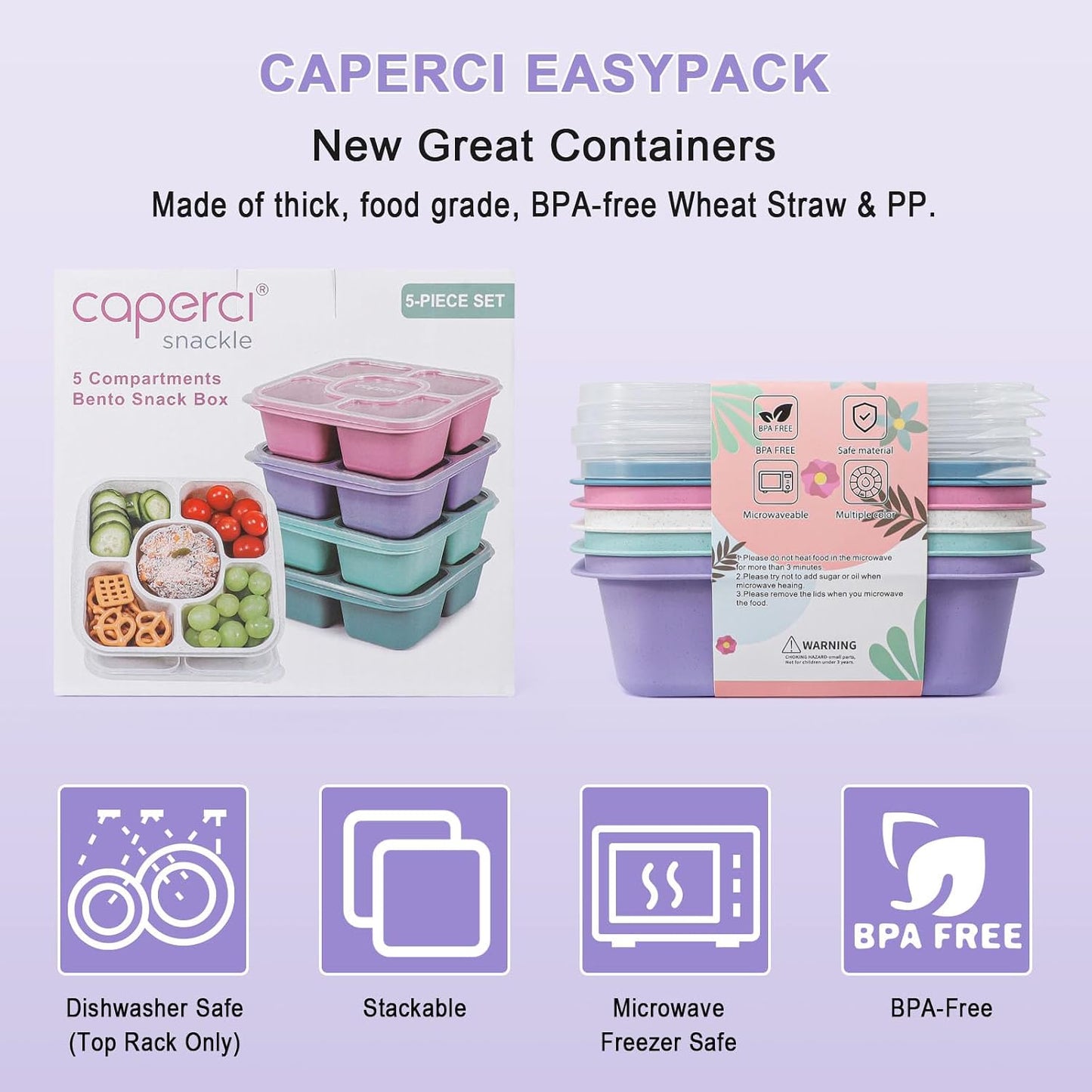 Set 5 Recipientes Bento Almuerzo 5 Compartimentos Reutilizables
