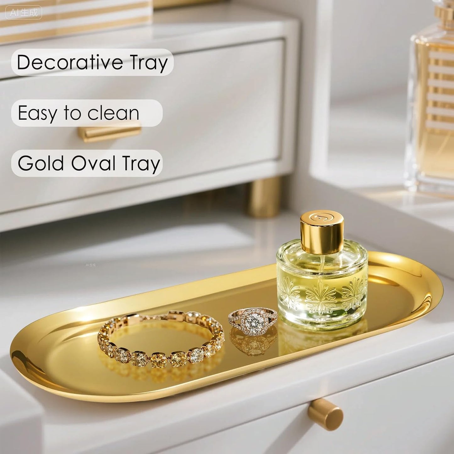 Bandeja perfume acero inox dorado 12pulg set 2