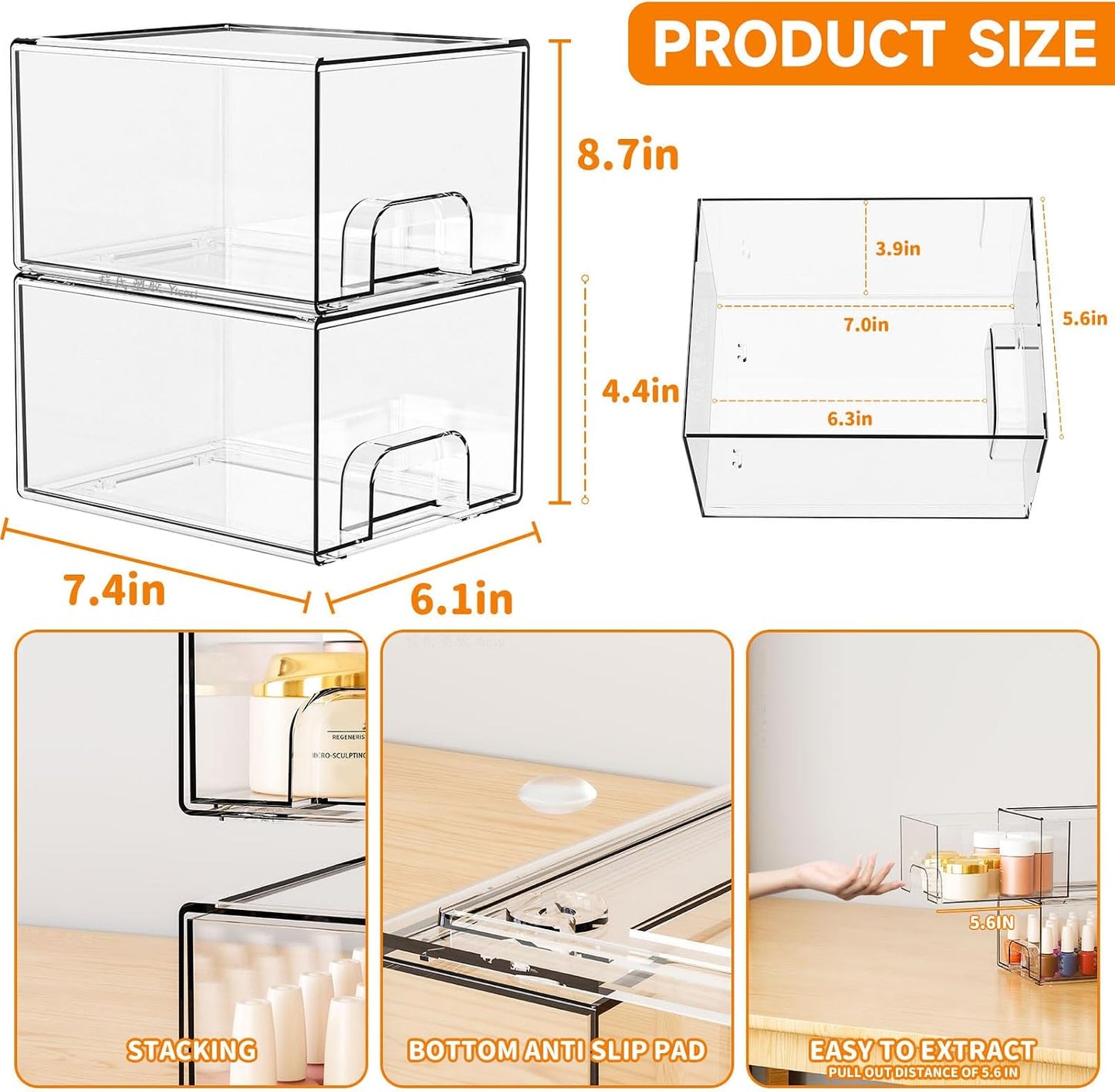 Cajones apilables acrílico 4.4pulg para baño