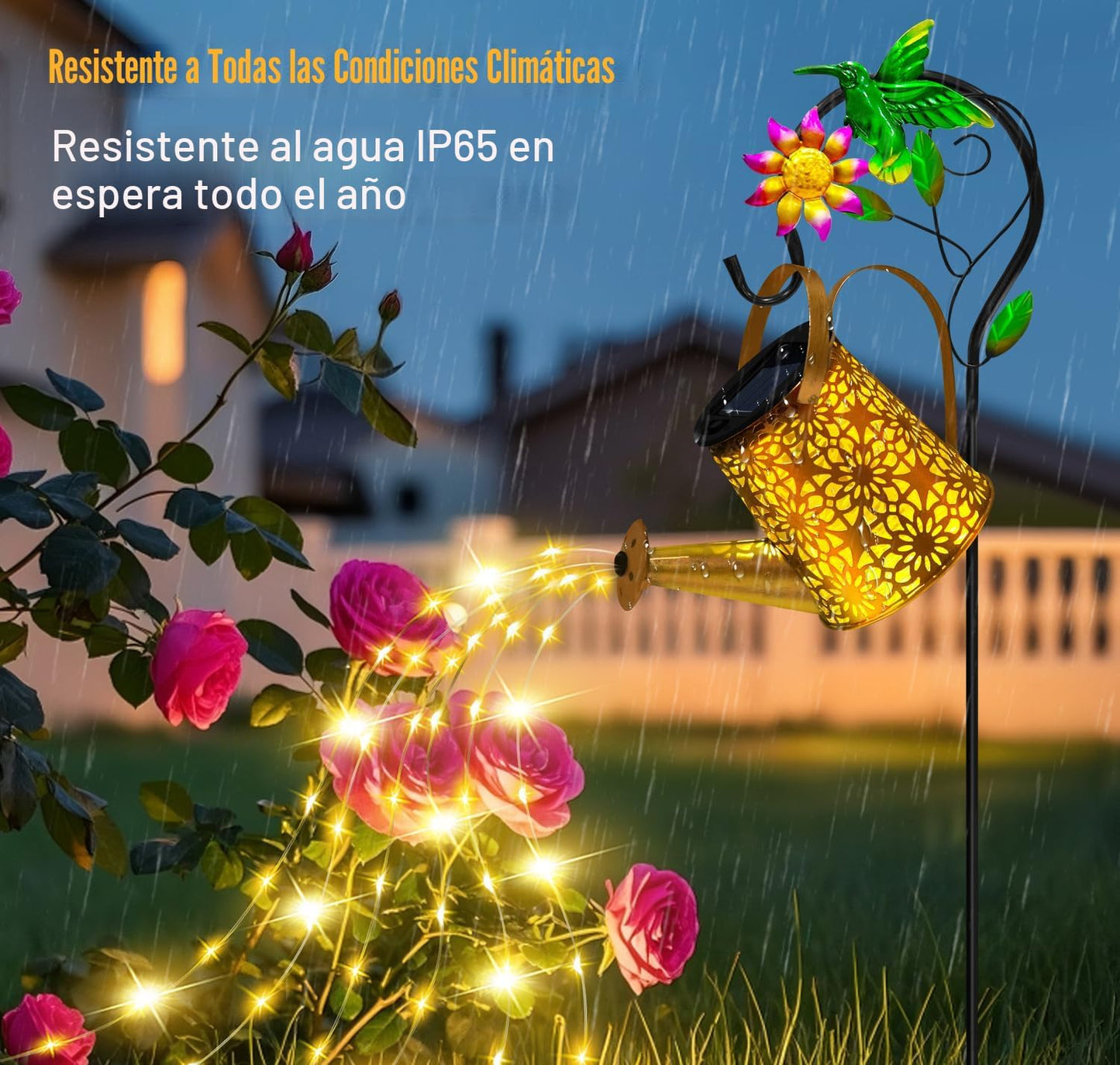 Regadera solar con luces cascada y gancho colibrí para jardín