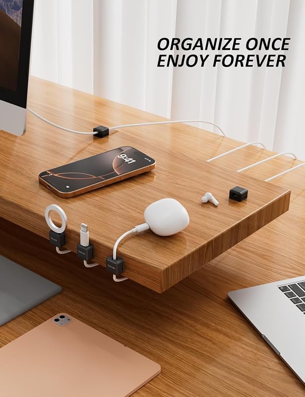 12 Clips Magnéticos para Cables Soporte Adhesivo Negro