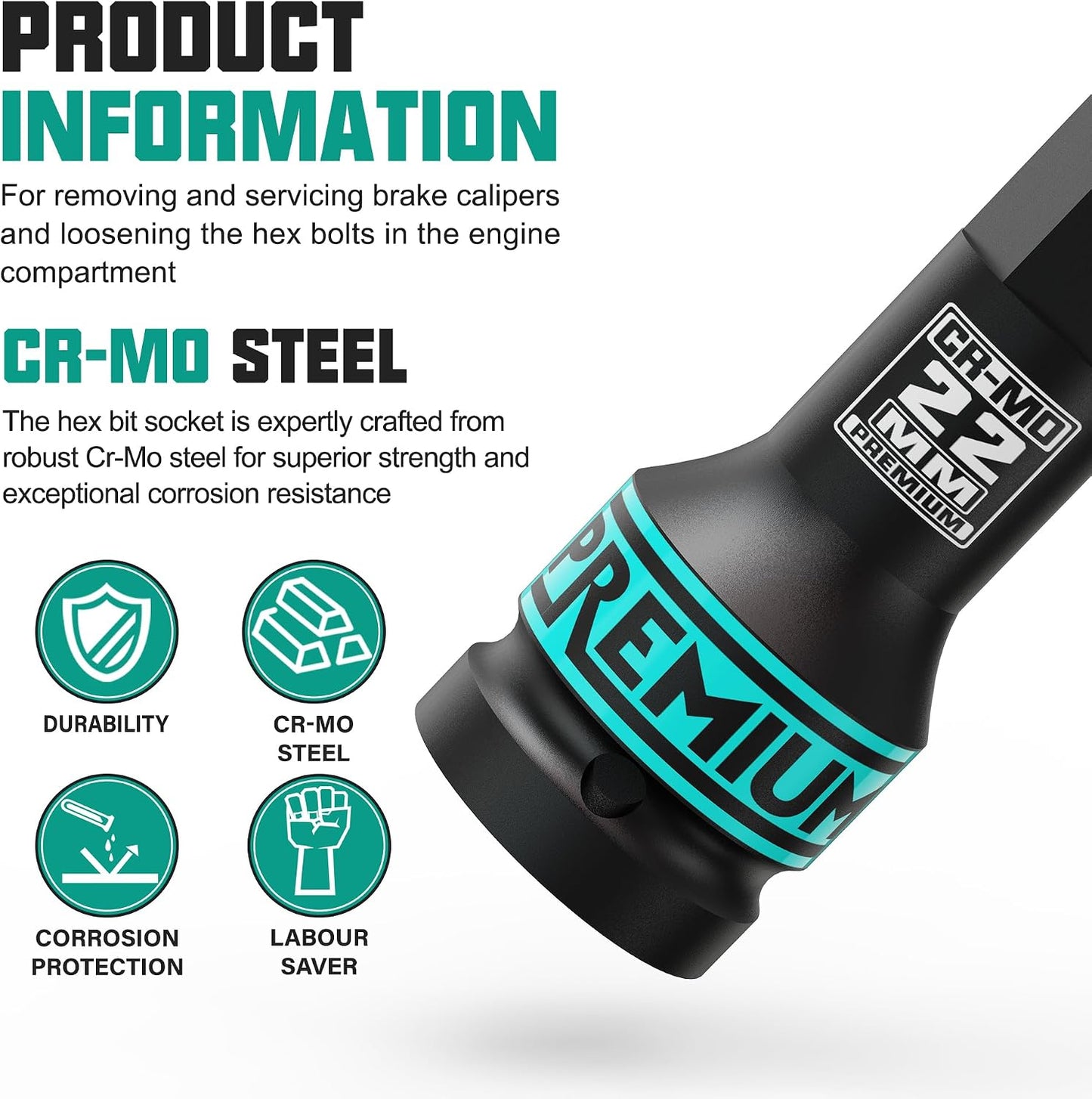 Socket hex métrico 22mm acero cr-mo para automóviles