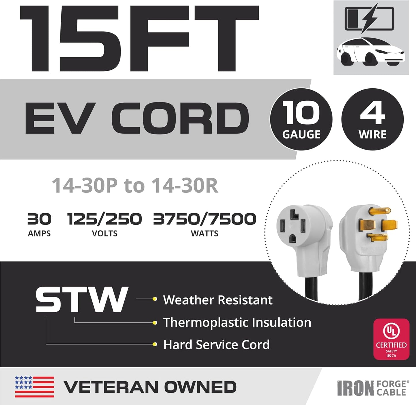 Cable extensión secadora 15ft 14-30P a 14-30R 30A negro