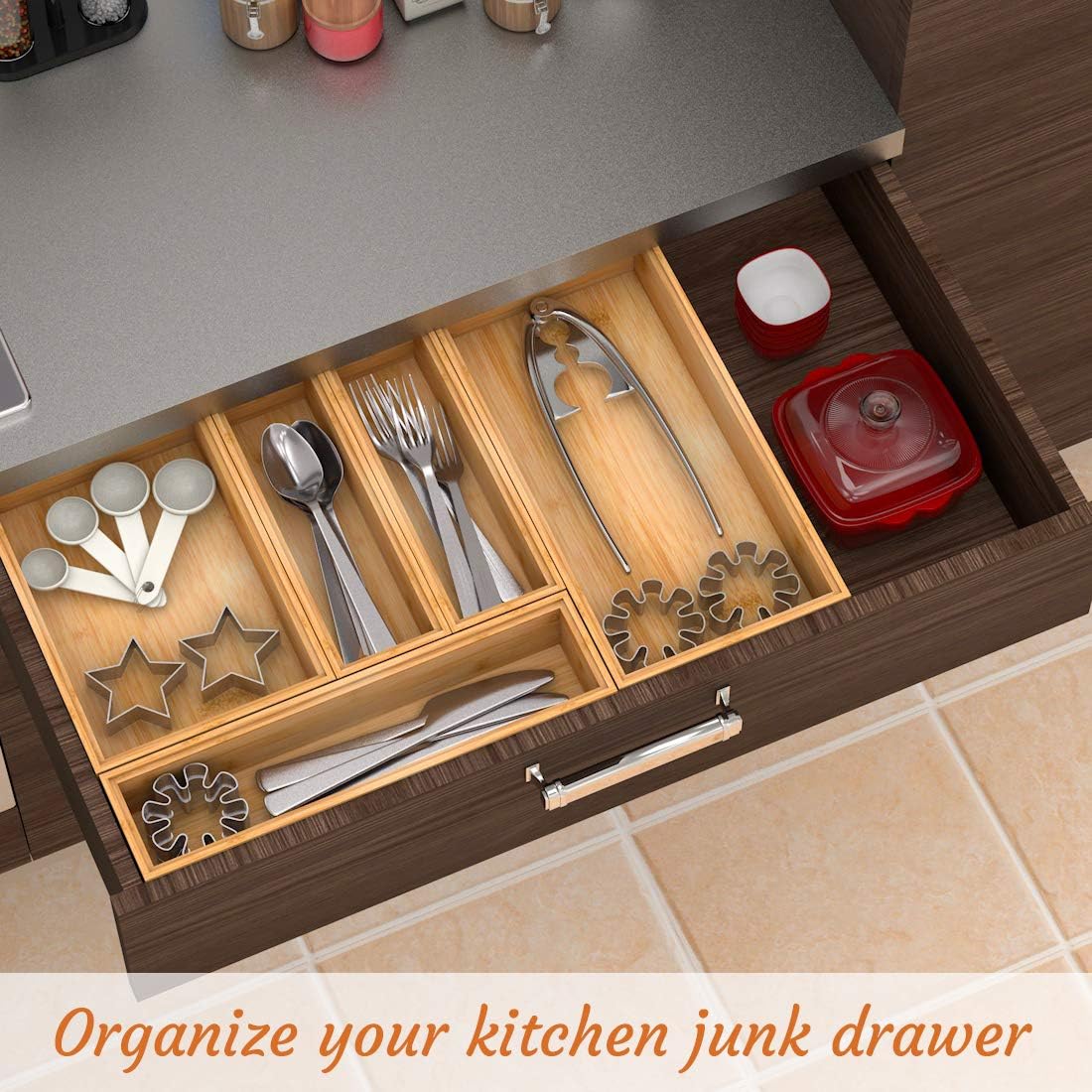 Organiz. apilable cajones cubiertos bambú 12x3