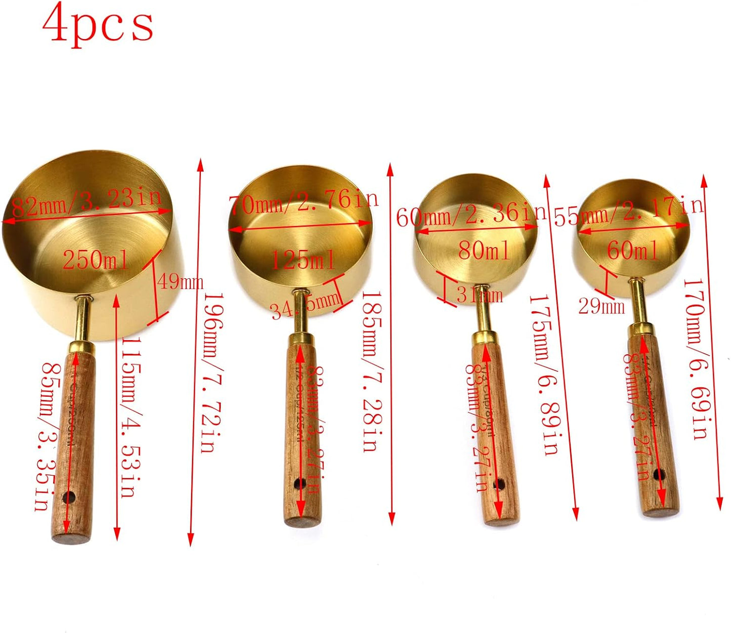 4 Tazas Medidoras Acero Inox Mango Madera Dorado