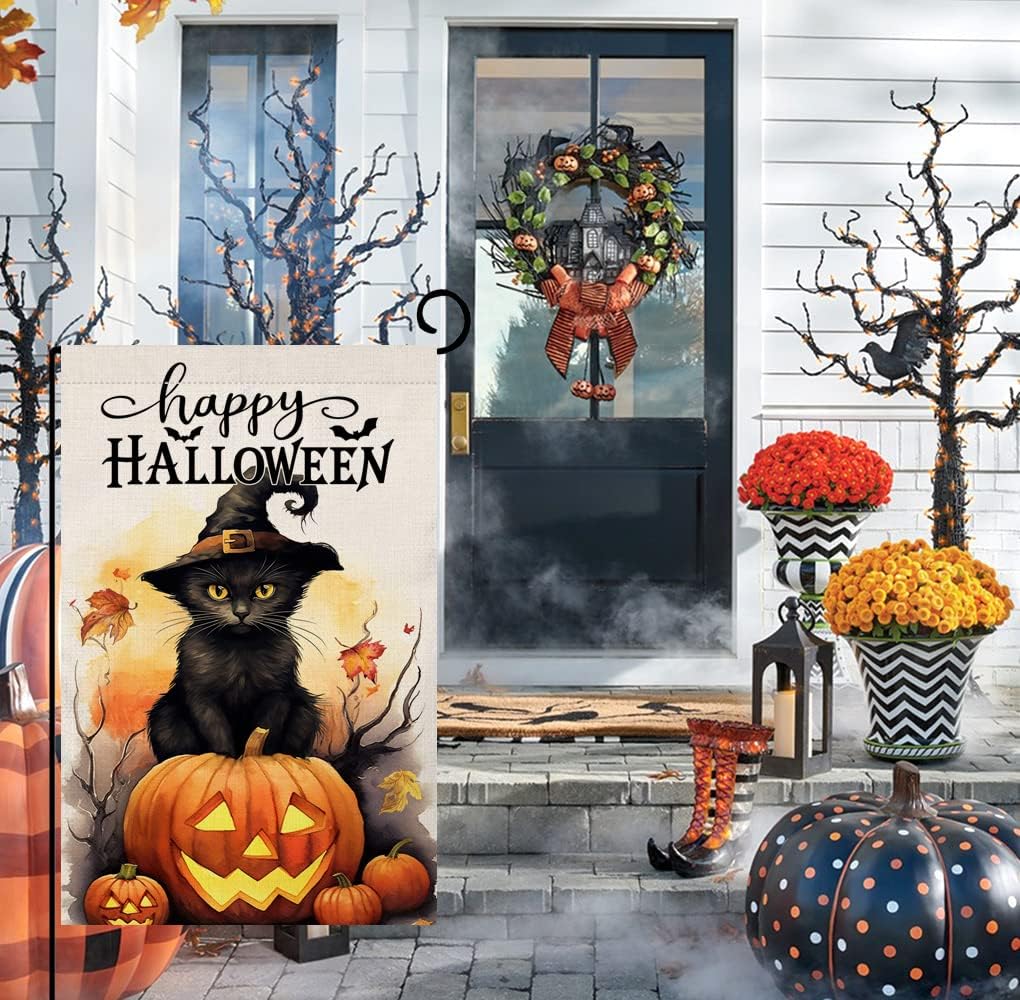 Bandera jardín gatos Halloween 12x18pulg doble cara