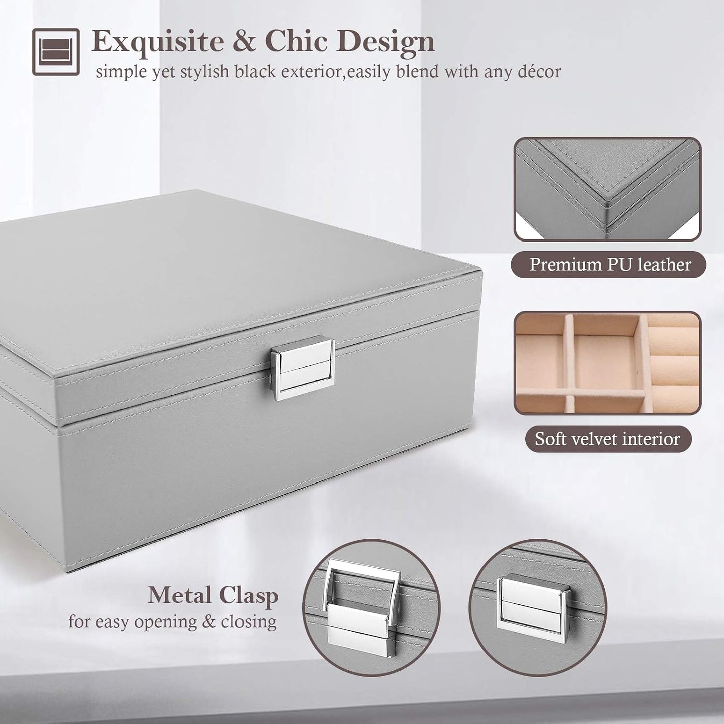 Estuche cuero joyas 2 capas con almohadilla remov. gris