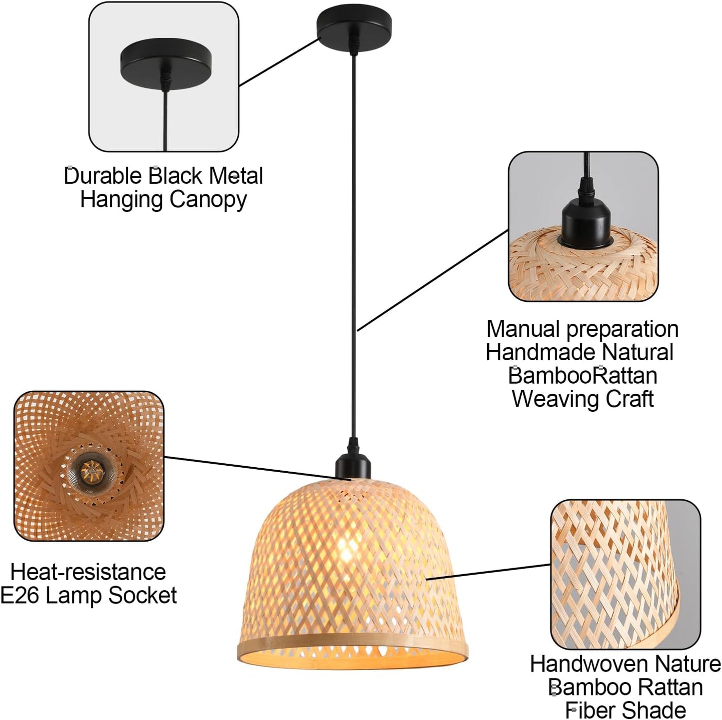Lámpara colgante bambú ratán 11pulg pack 3 luces sala cocina
