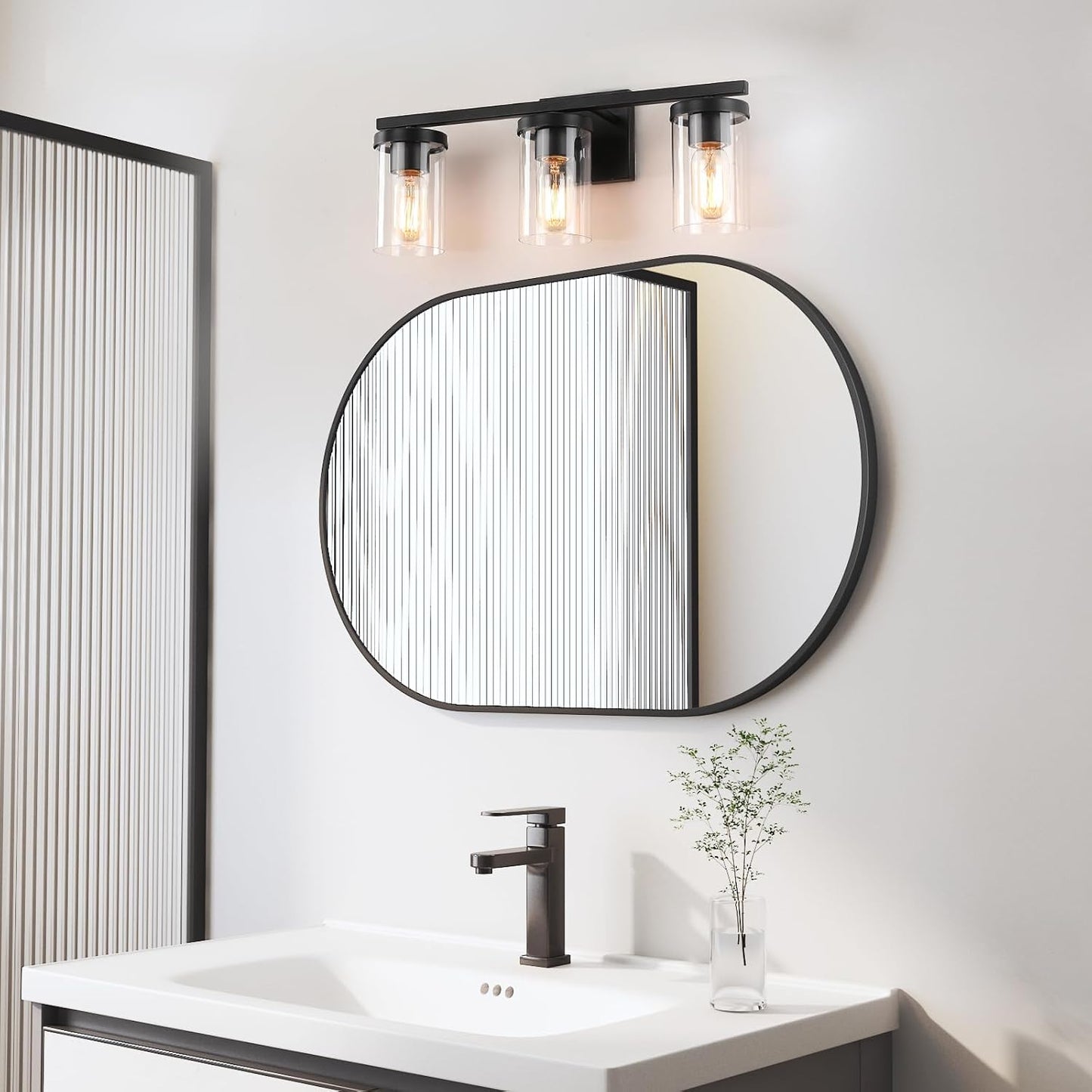 Lámpara baño 20pulg 3 luces negro mate vidrio transparente
