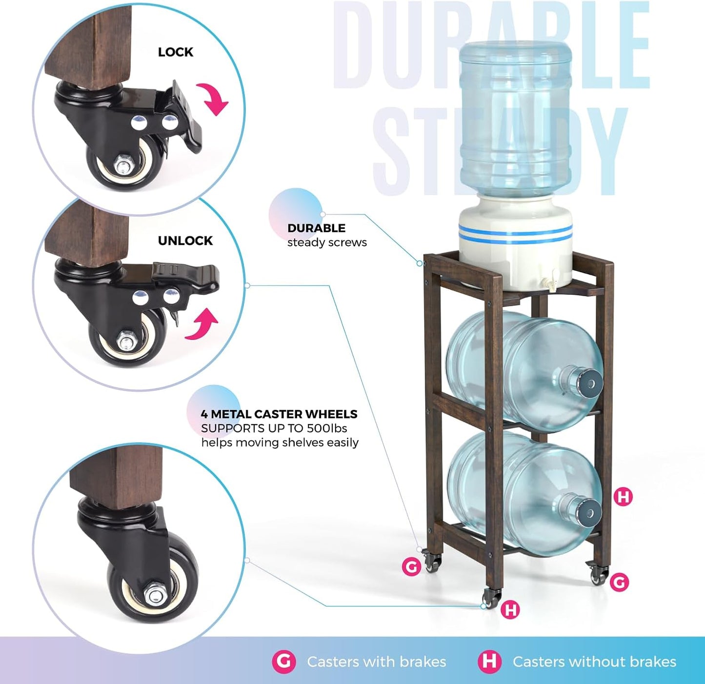 Soporte jarra agua 5gal madera natural 4 ruedas