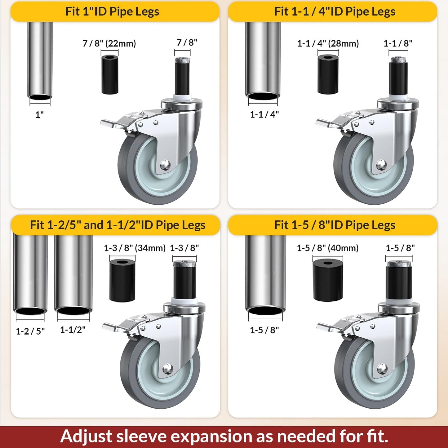 Ruedas giratorias 5pulg set 4 con vástago expansible comp