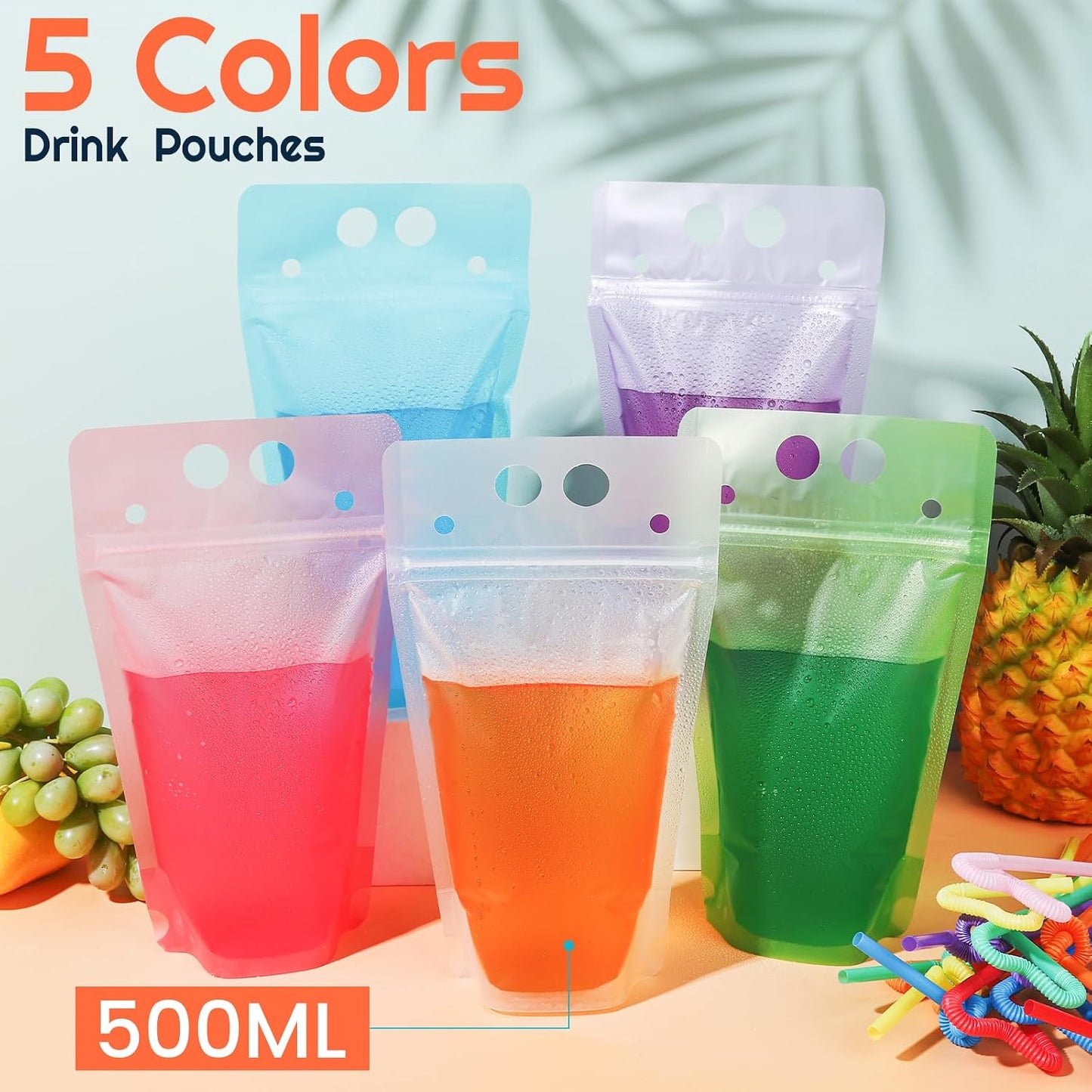 25 Bolsas Bebidas Coloridas con Pajita para Adultos