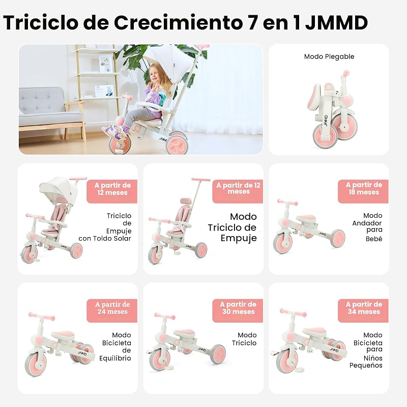 Triciclo 7en1 plegable para bebé 18m-5a color rosa