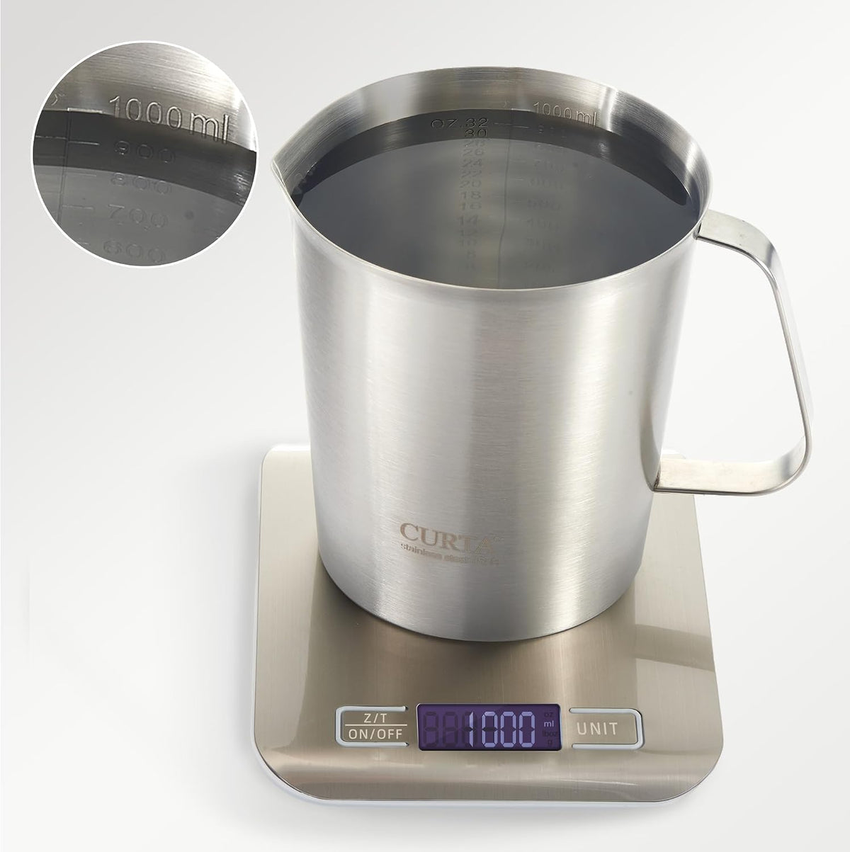 Taza medidora acero inox 32oz/1000ml con asa y borde
