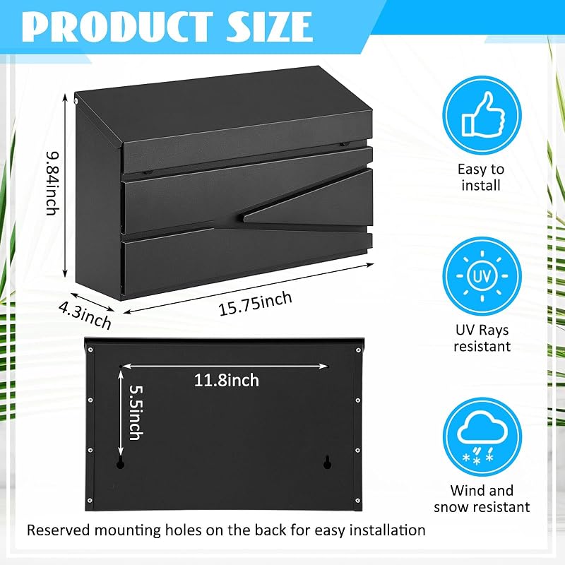 Buzón pared exterior acero galvanizado negro 15.75x9.84x4.33