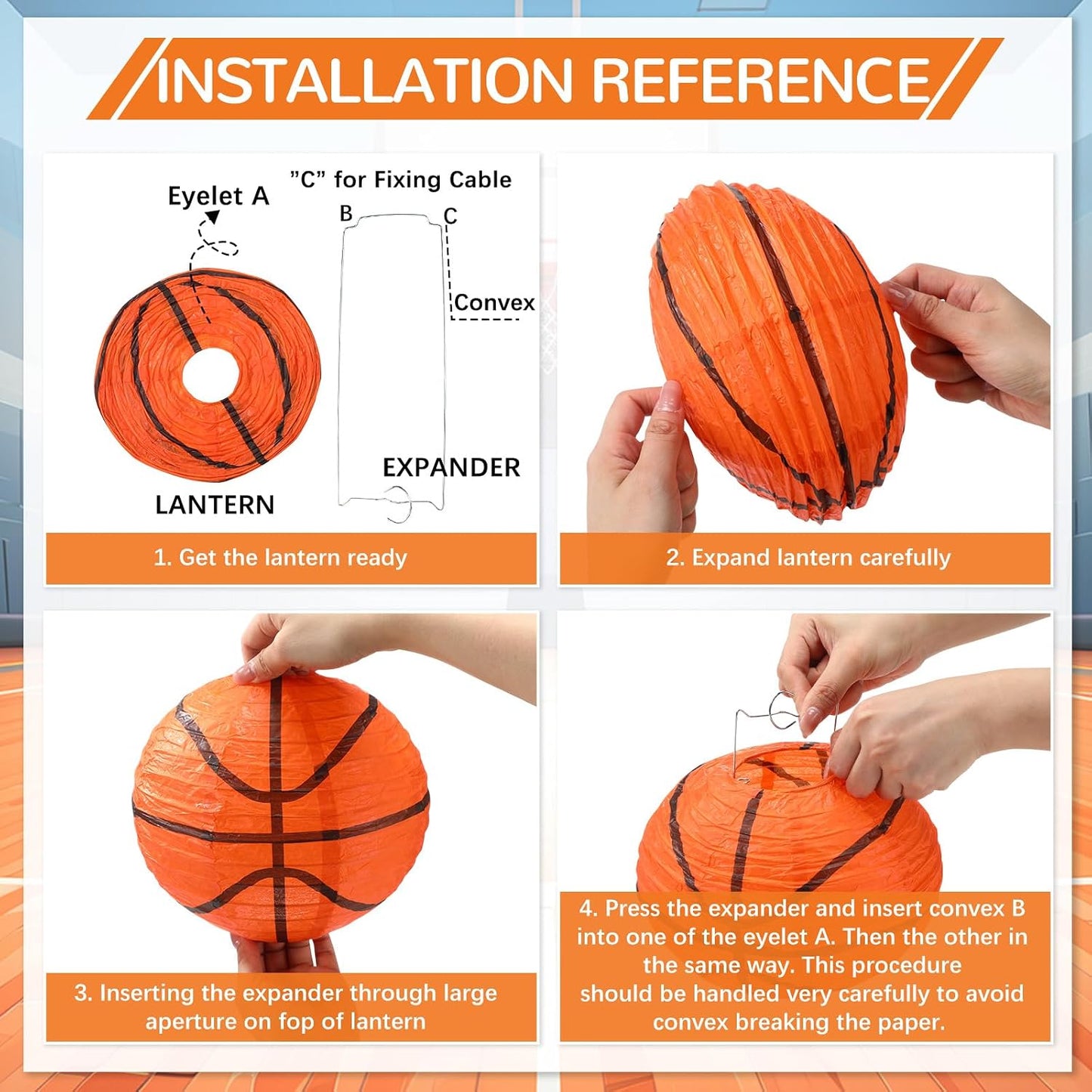 16 Faroles Baloncesto 8pulg Color Naranja y Negro Decoración Fiesta