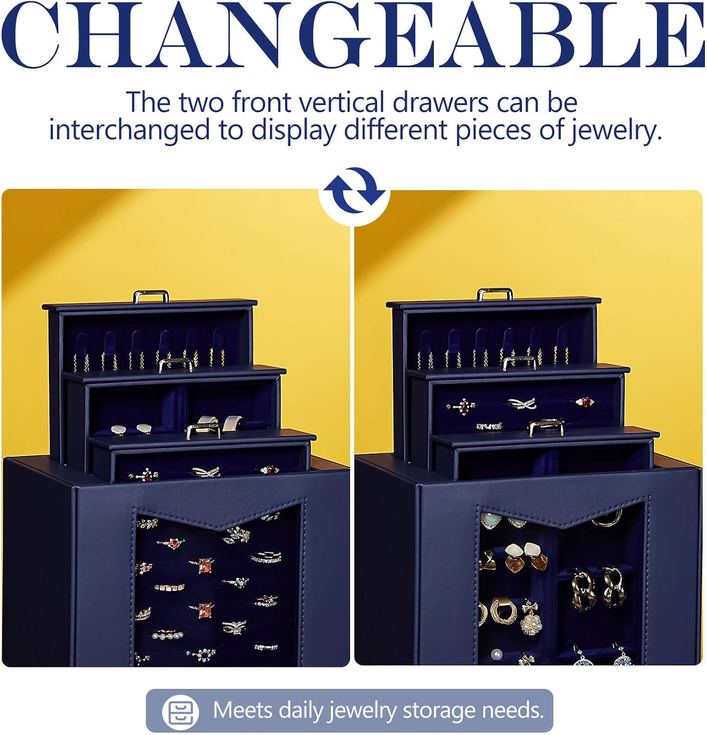 Organiz. joyas con ventanas ganchos collares anillos azul