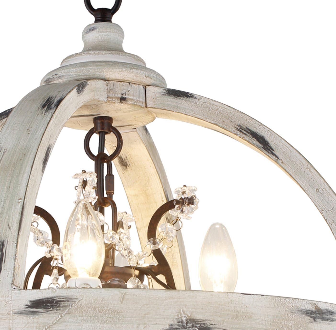 Candelabro 4 luces estilo globo cristal madera blanca