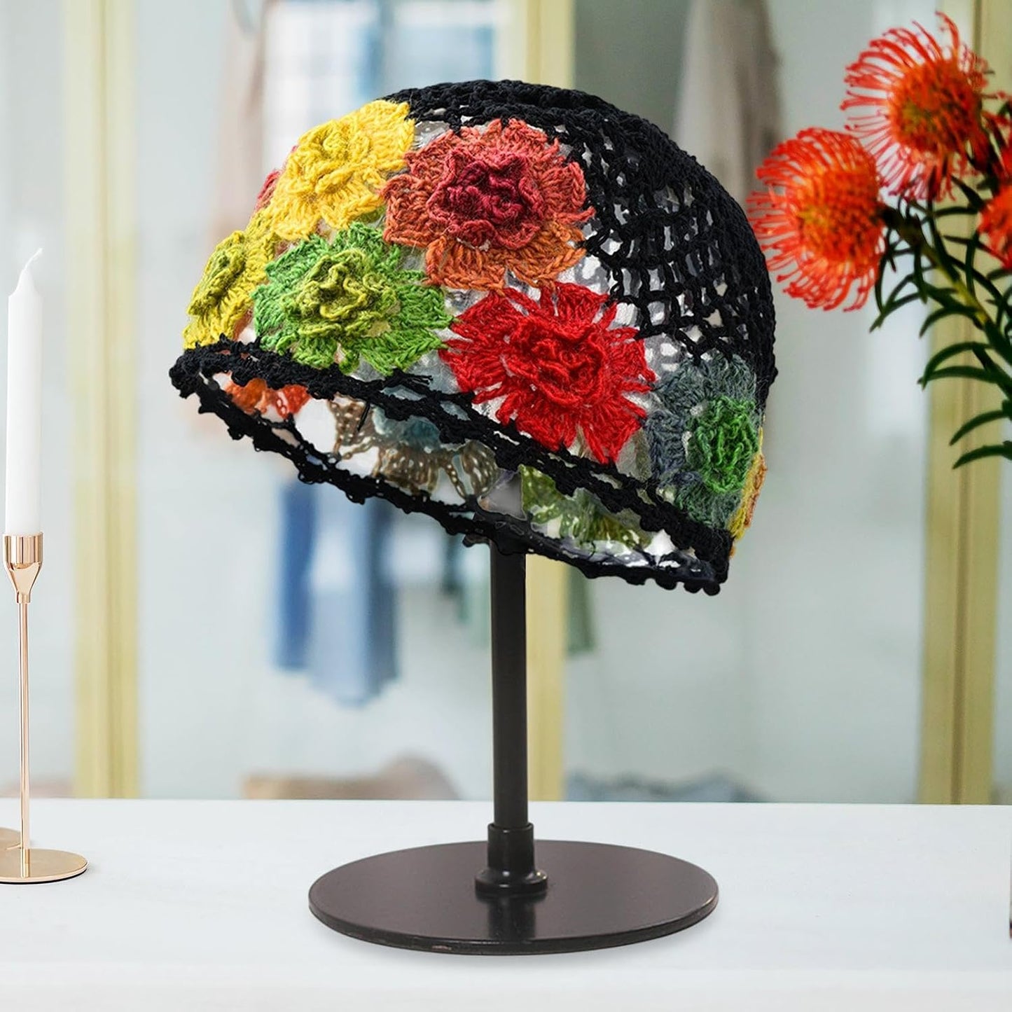 Gorro ganchillo flores elegante para compras al aire libre