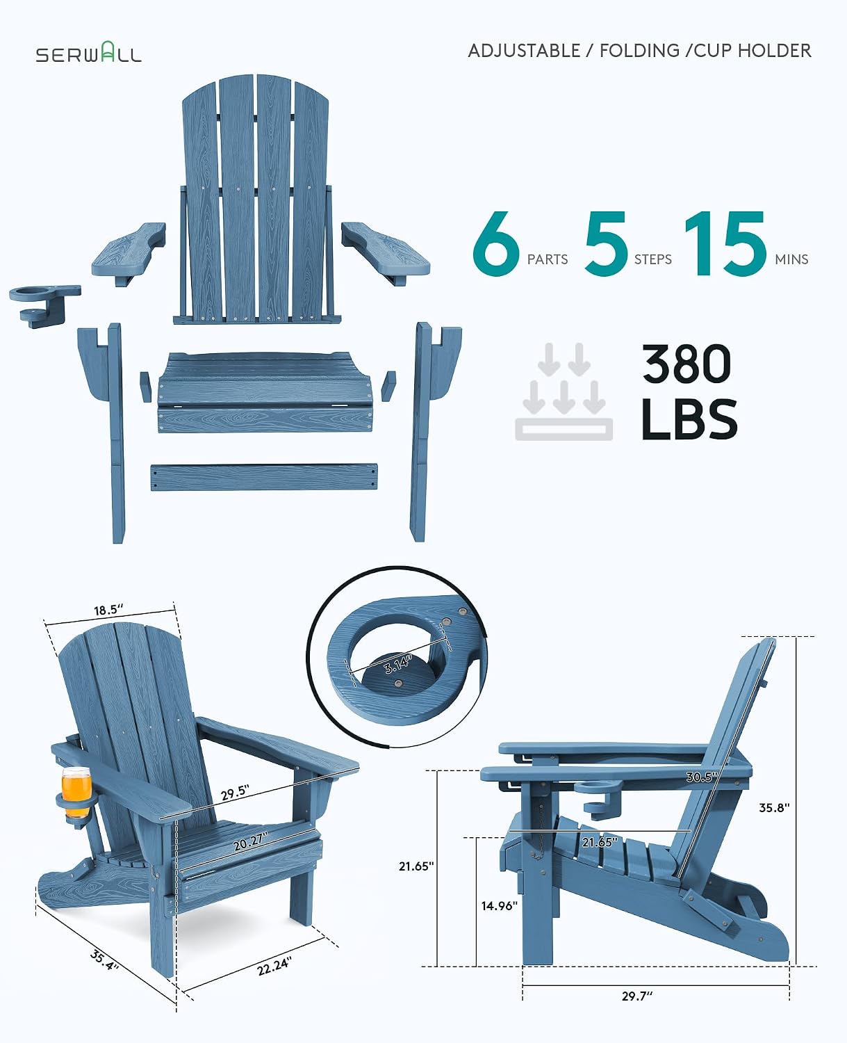 Silla Adirondack Plegable Ajustable con Portavasos HDPE
