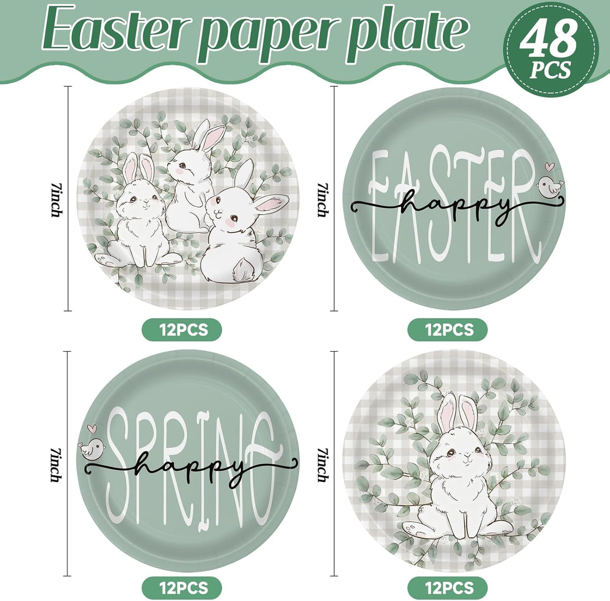 Paquete de 48 platos de Pascua de 7 pulgadas platos de fiesta de conejo verde salvia