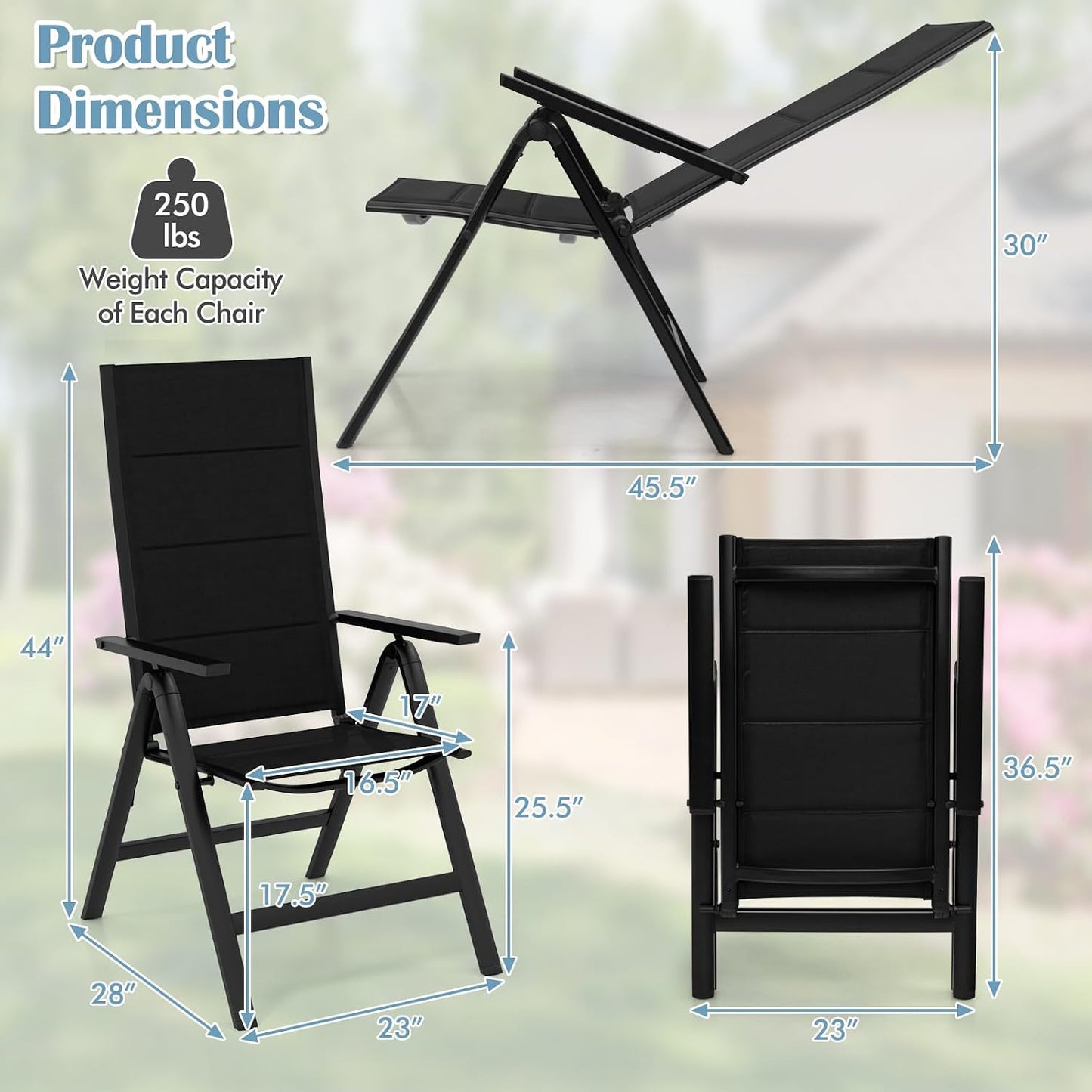Silla plegable patio asiento acolchado respaldo ajustable